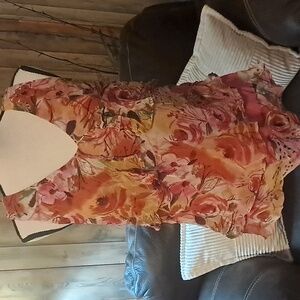 Giorgio Fiorlini Orange And Pink Floral Tiered 100% Silk Sleeveless Top  SZ L